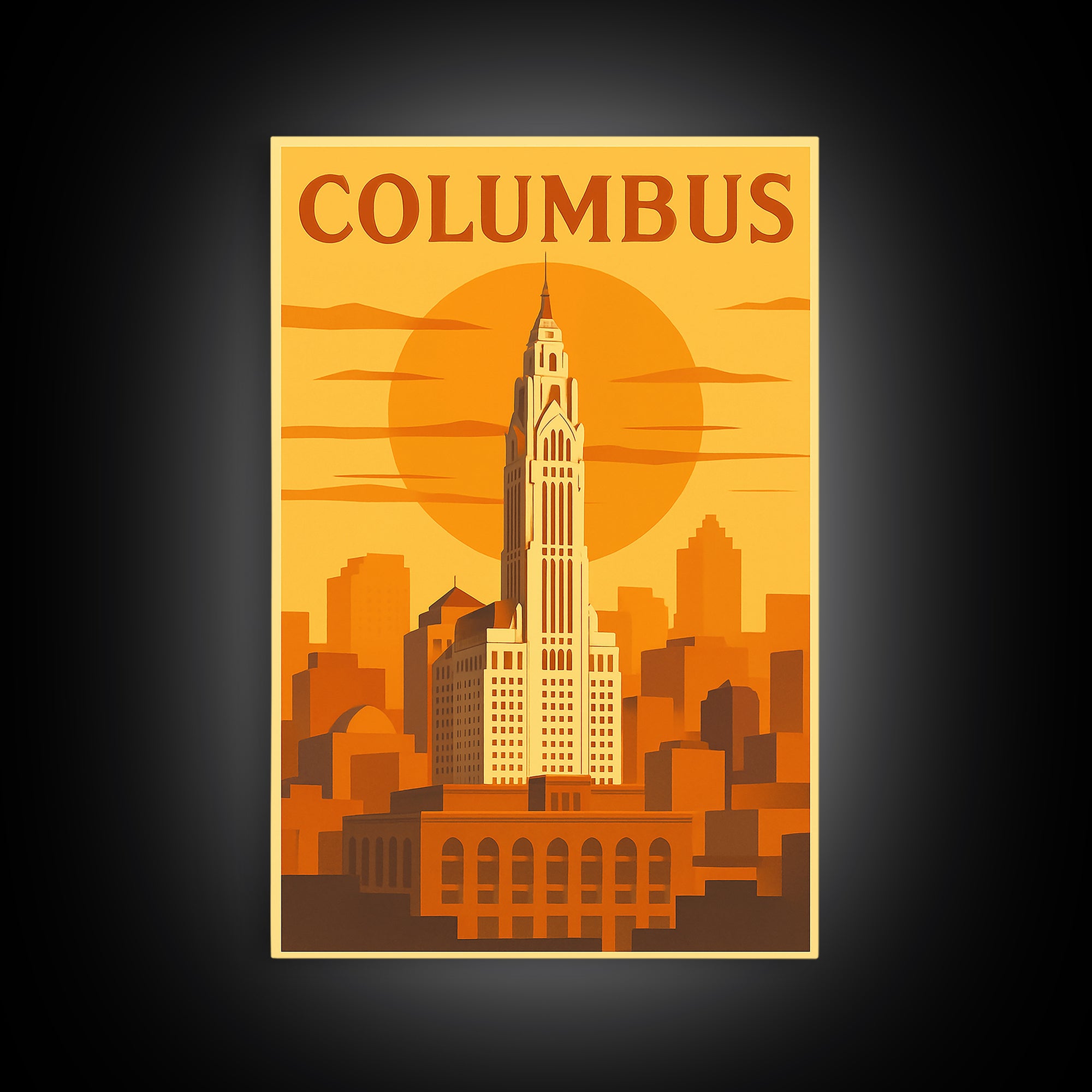Columbus Travel Poster, Framed Canvas Print, Golden Travel Poster Art, Columbus Travel Art, Wanderlust Decor, City Illustration
