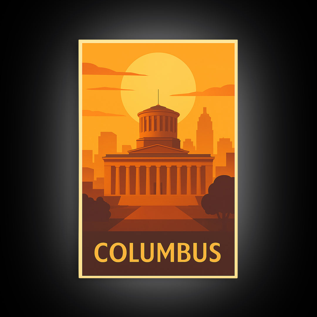 Columbus Travel Poster, Framed Canvas Print, Warm Sunset Silhouette Art, Columbus City Art, Living Room Wall Art, Travel Poster Set