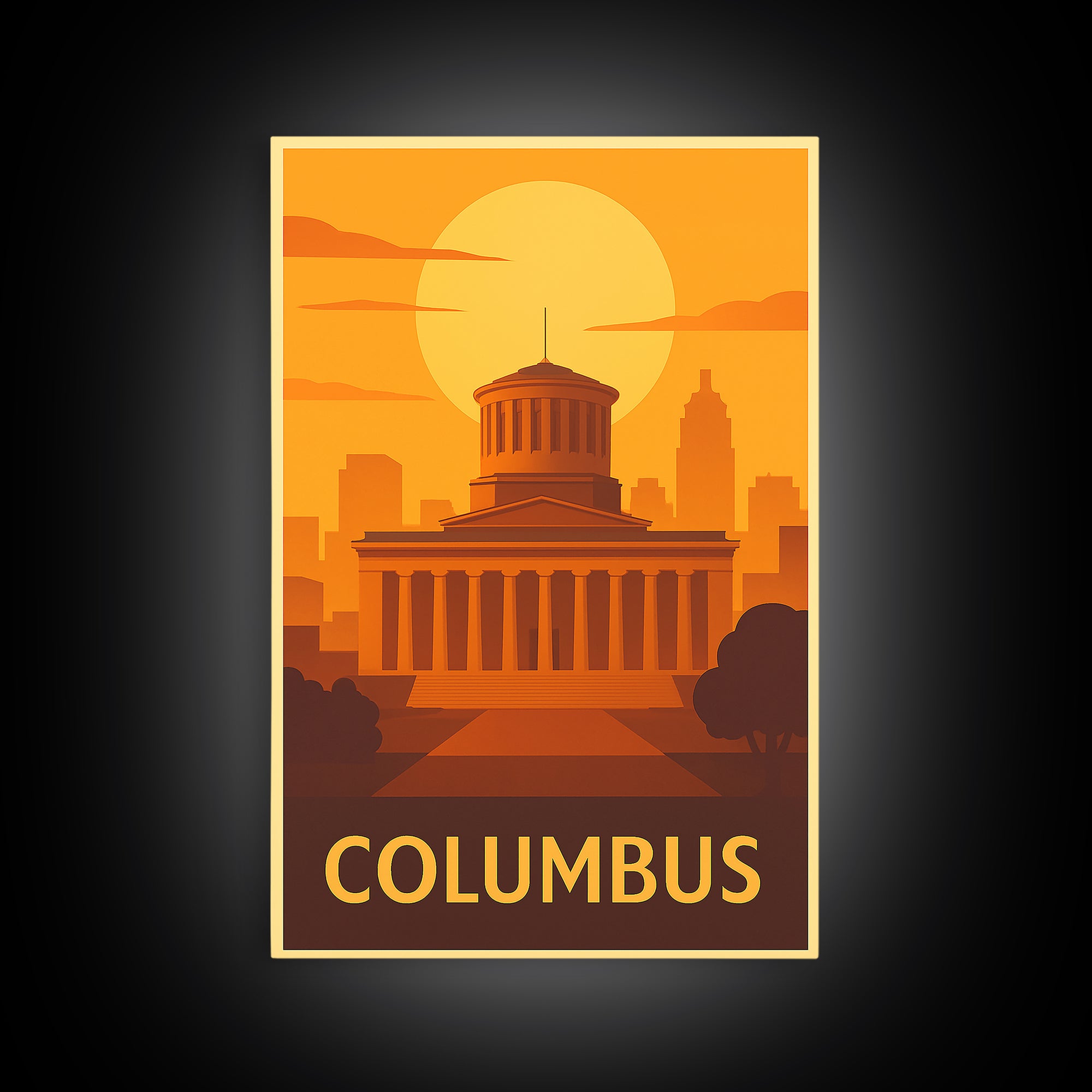 Columbus Travel Poster, Framed Canvas Print, Warm Sunset Silhouette Art, Columbus City Art, Living Room Wall Art, Travel Poster Set