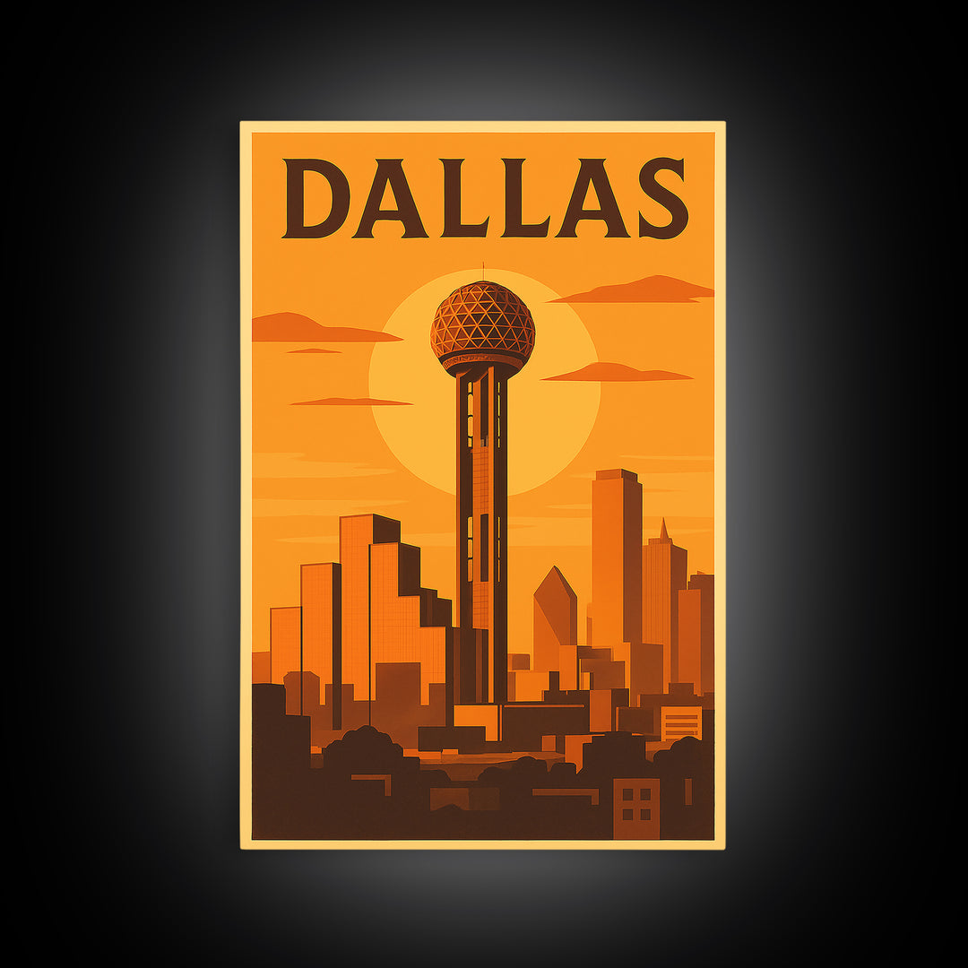 Dallas Texas Travel Poster, Canvas Print, Golden Poster Art, Dallas Wall Art, City Illustration, Mid Century Wall Art, Vintage Travel Art
