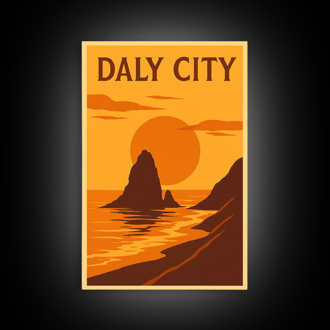 Daly City California Travel Poster, Canvas Print, Warm Sunset Silhouette Art, Daly Art Print, Wanderlust Decor, Gift For Travelers