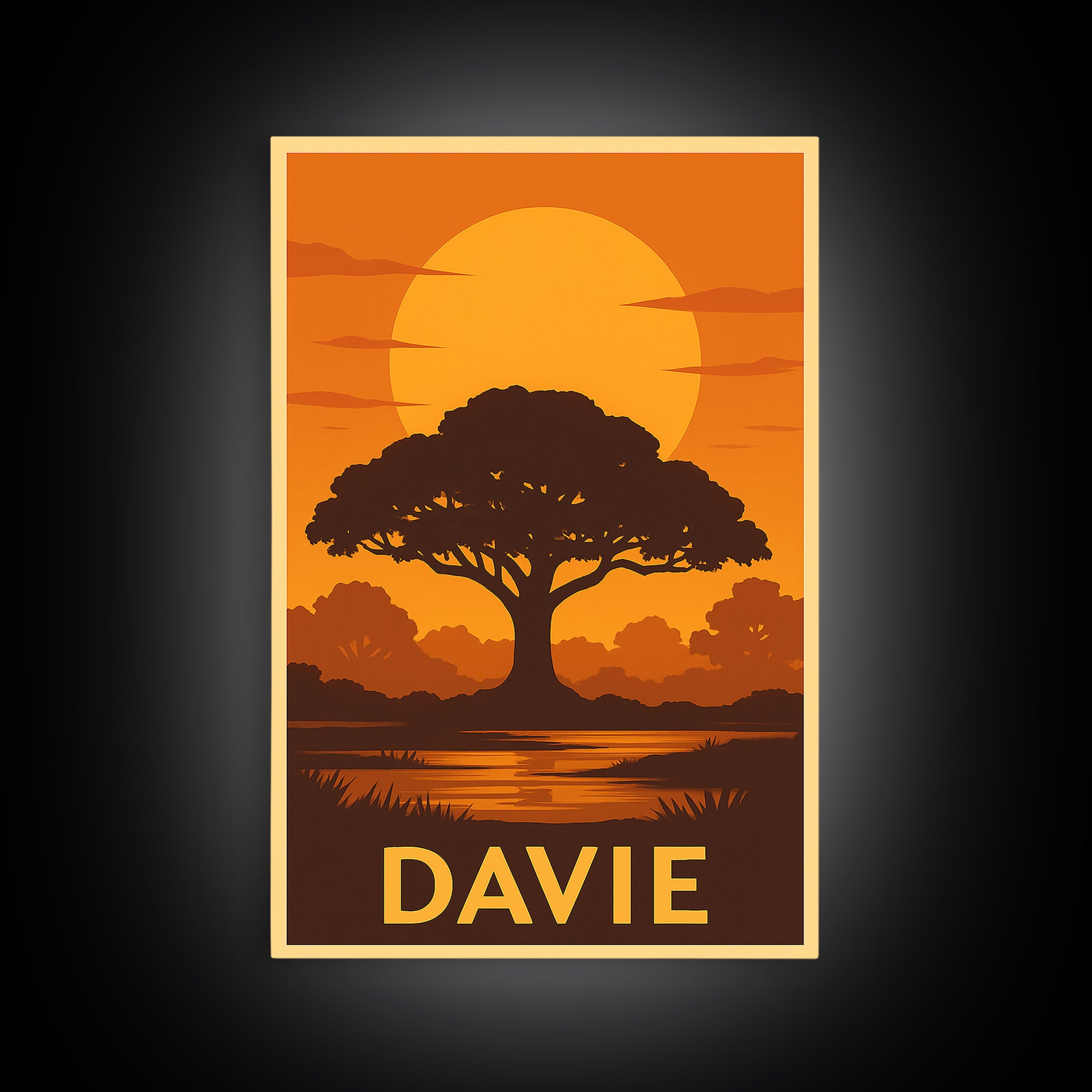 Davie Travel Poster, Canvas Print, Gold Art Deco Poster Art, Davie City Art, Wanderlust Decor, Fine Art Print, Watercolor Skyline