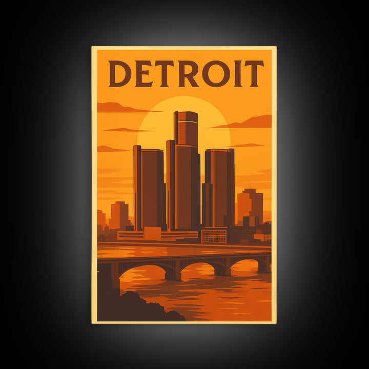 Detroit Michigan Travel Poster, Canvas Print, Warm Sunset Silhouette Art, Detroit Wall Art, City Illustration, Wanderlust Decor, Wall Art
