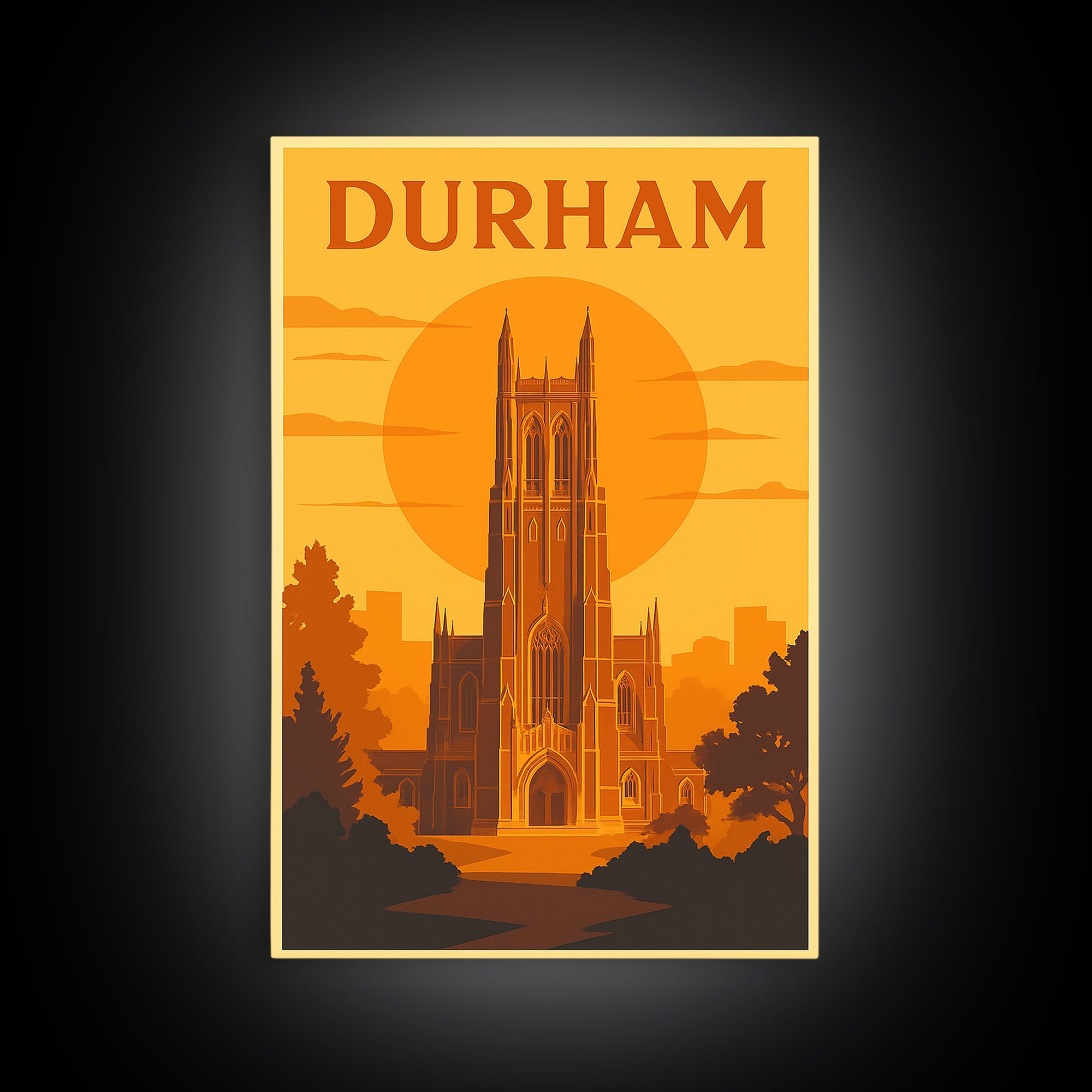Durham North Carolina Travel Poster, Canvas Print, Warm Sunset Silhouette Art, Durham Wall Art, Vintage City Art, Travel Wall Art