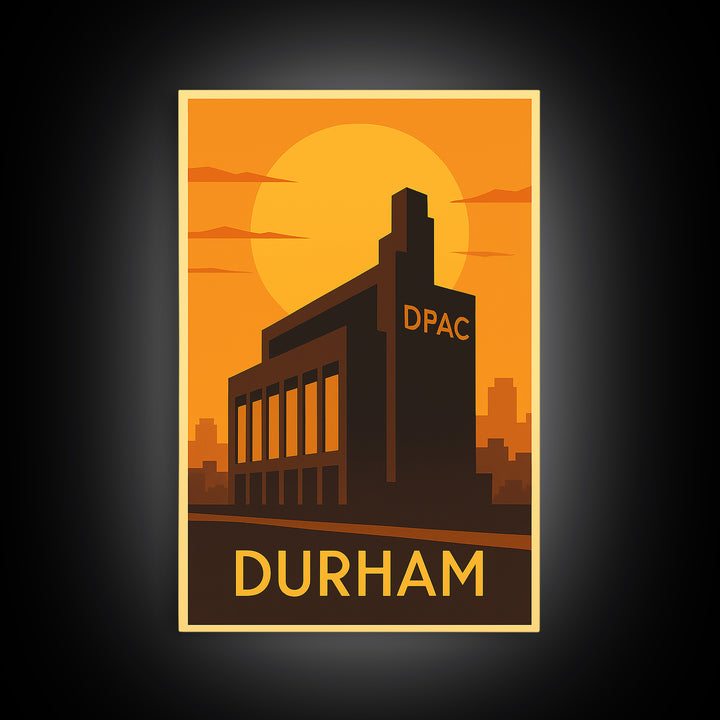 Durham Travel Poster, Framed Canvas Print, Warm Sunset Silhouette Art, Durham Art Print, Retro Travel Print, Vintage Travel Print