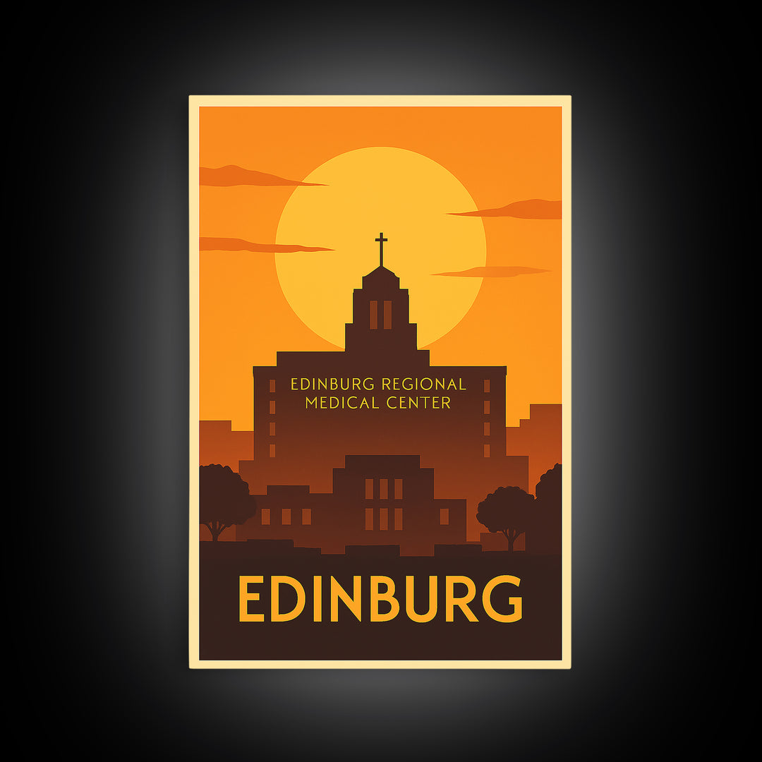 Edinburg Travel Poster, Framed Canvas Print, Golden Travel Poster Art, Edinburg Travel Art, Vintage City Art, City Illustration