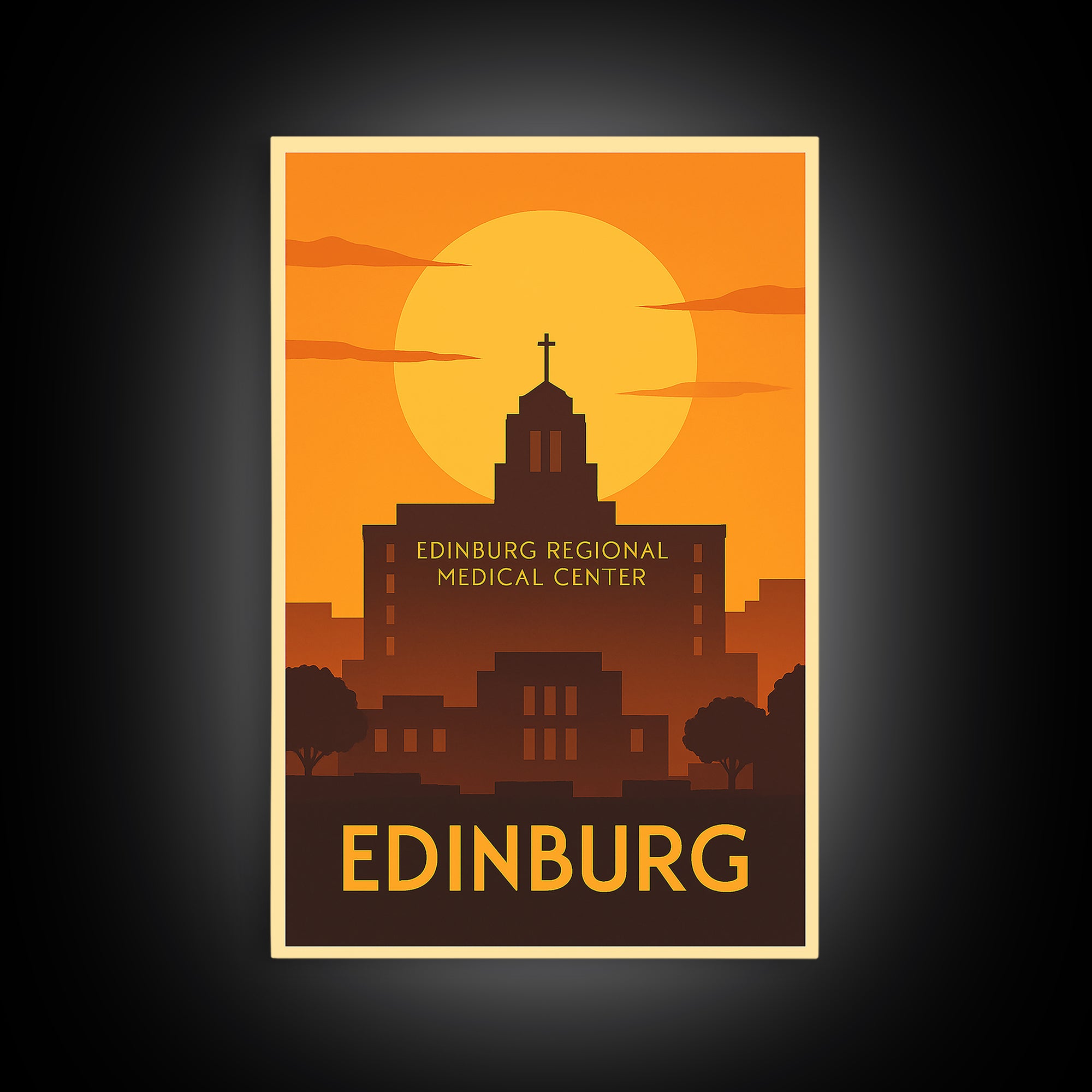Edinburg Travel Poster, Framed Canvas Print, Golden Travel Poster Art, Edinburg Travel Art, Vintage City Art, City Illustration