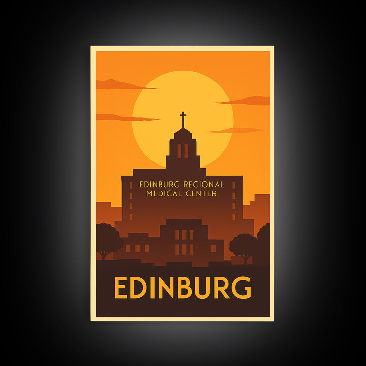Edinburg Travel Poster, Framed Canvas Print, Golden Travel Poster Art, Edinburg Travel Art, Vintage City Art, City Illustration