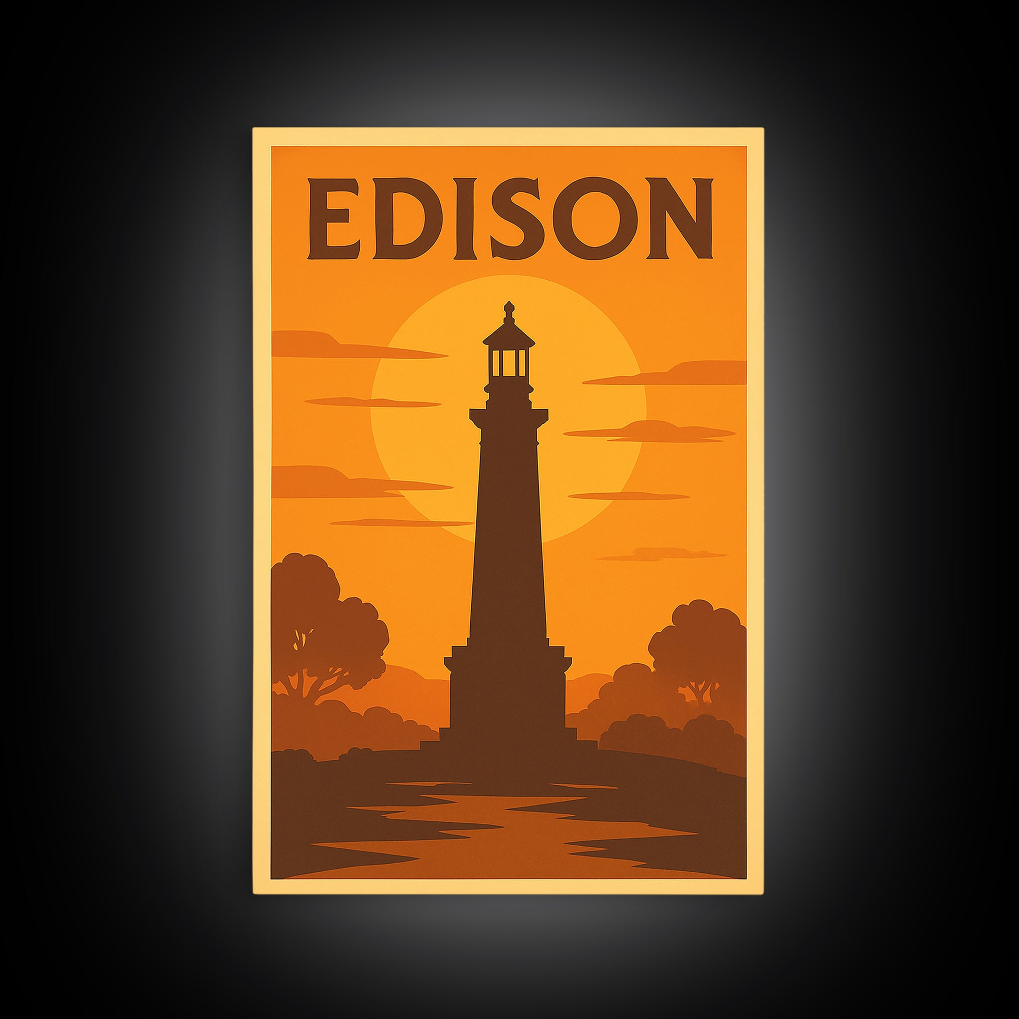 Edison New Jersey Travel Poster, Framed Canvas Print, Warm Sunset Silhouette Art, Edison Art Print, Home Office Decor, Modern Wall Decor