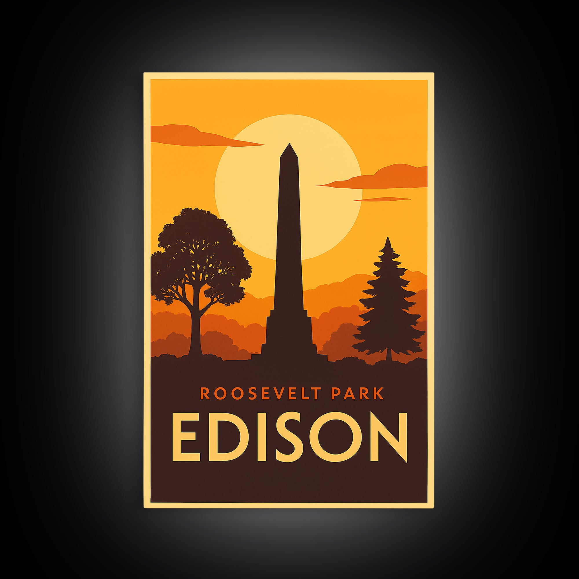 Edison Travel Poster, Canvas Print, Warm Sunset Silhouette Art, Edison Travel Art, Vintage City Poster, Mid Century Wall Art, Art Print