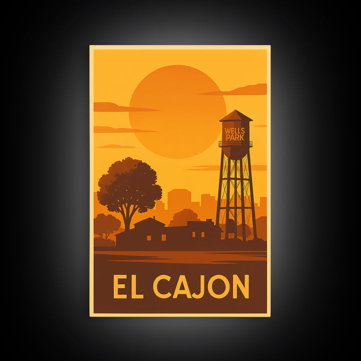 El Cajon Travel Poster, Framed Canvas Print, Golden Travel Poster Art, El Cajon Art Print, Travel Wall Art, City Illustration, Wall Art