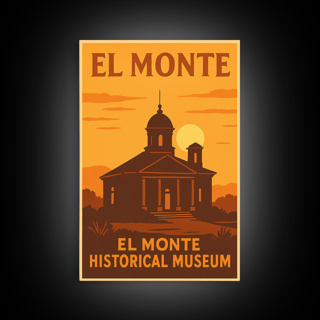 El Monte California Travel Poster, Framed Canvas Print, Warm Sunset Silhouette Art, El Monte Wall Art, Travel Wall Art, Travel Poster Set
