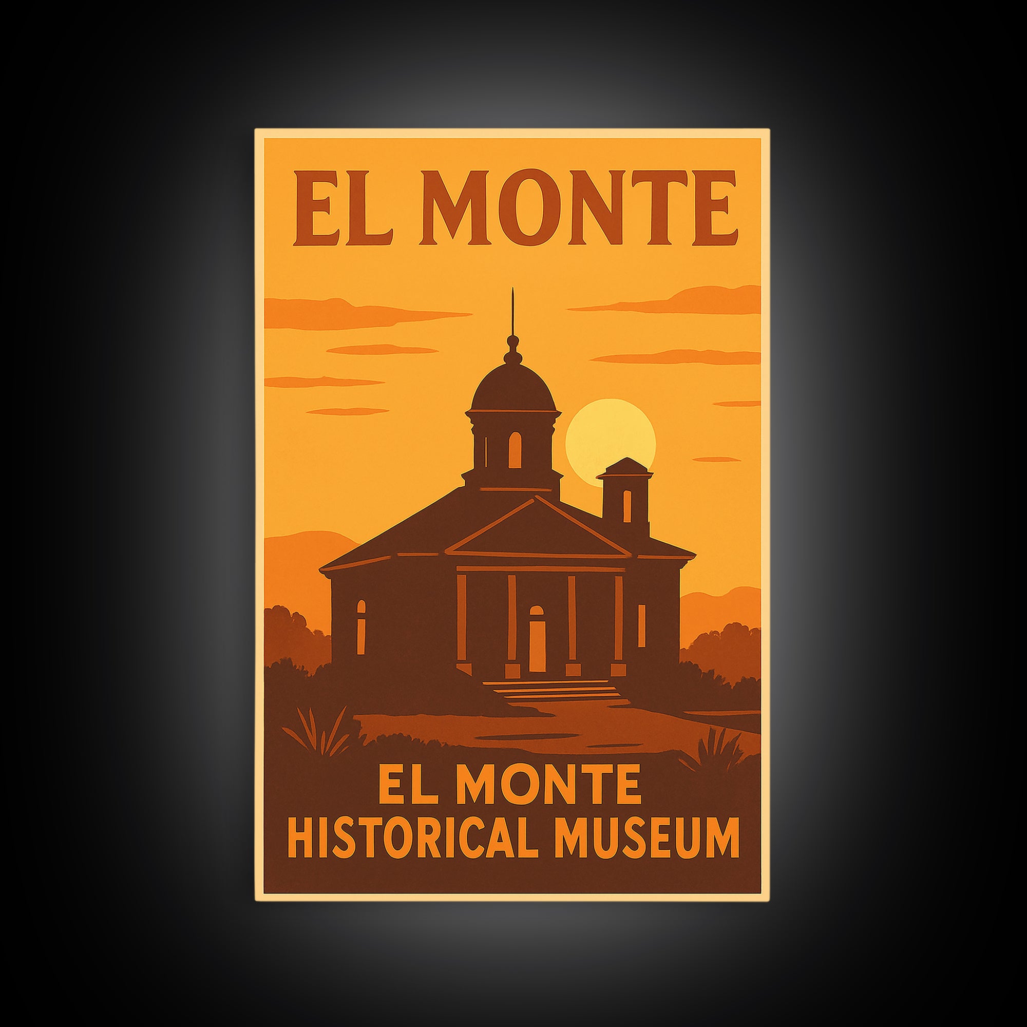 El Monte California Travel Poster, Framed Canvas Print, Warm Sunset Silhouette Art, El Monte Wall Art, Travel Wall Art, Travel Poster Set