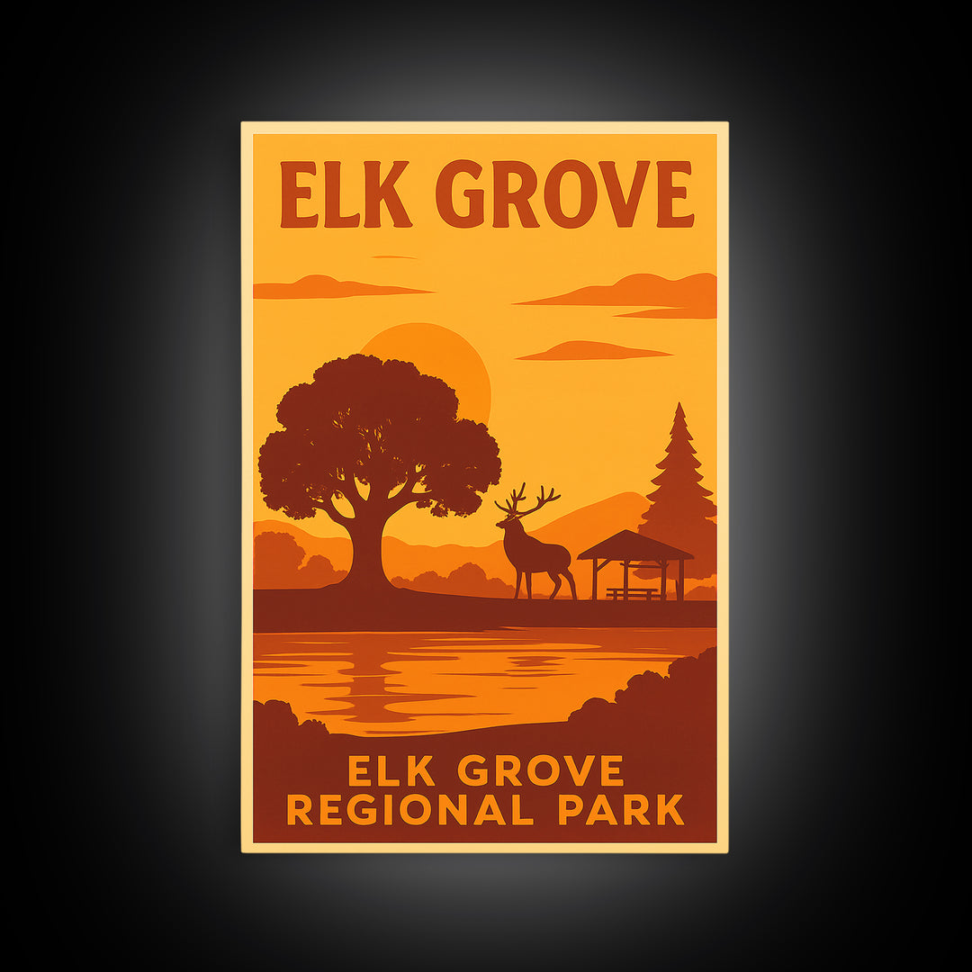 Elk Grove California Travel Poster, Framed Canvas Print, Warm Sunset Silhouette Art, Elk Grove Art Print, City Art Print, City Illustration