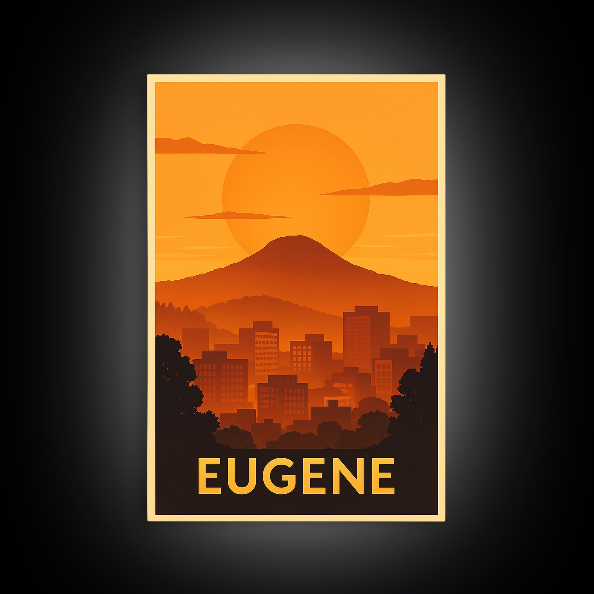 Eugene Travel Poster, Canvas Print, Warm Sunset Silhouette Art, Eugene Wall Art, Living Room Wall Art, City Art Print, Vintage City Poster