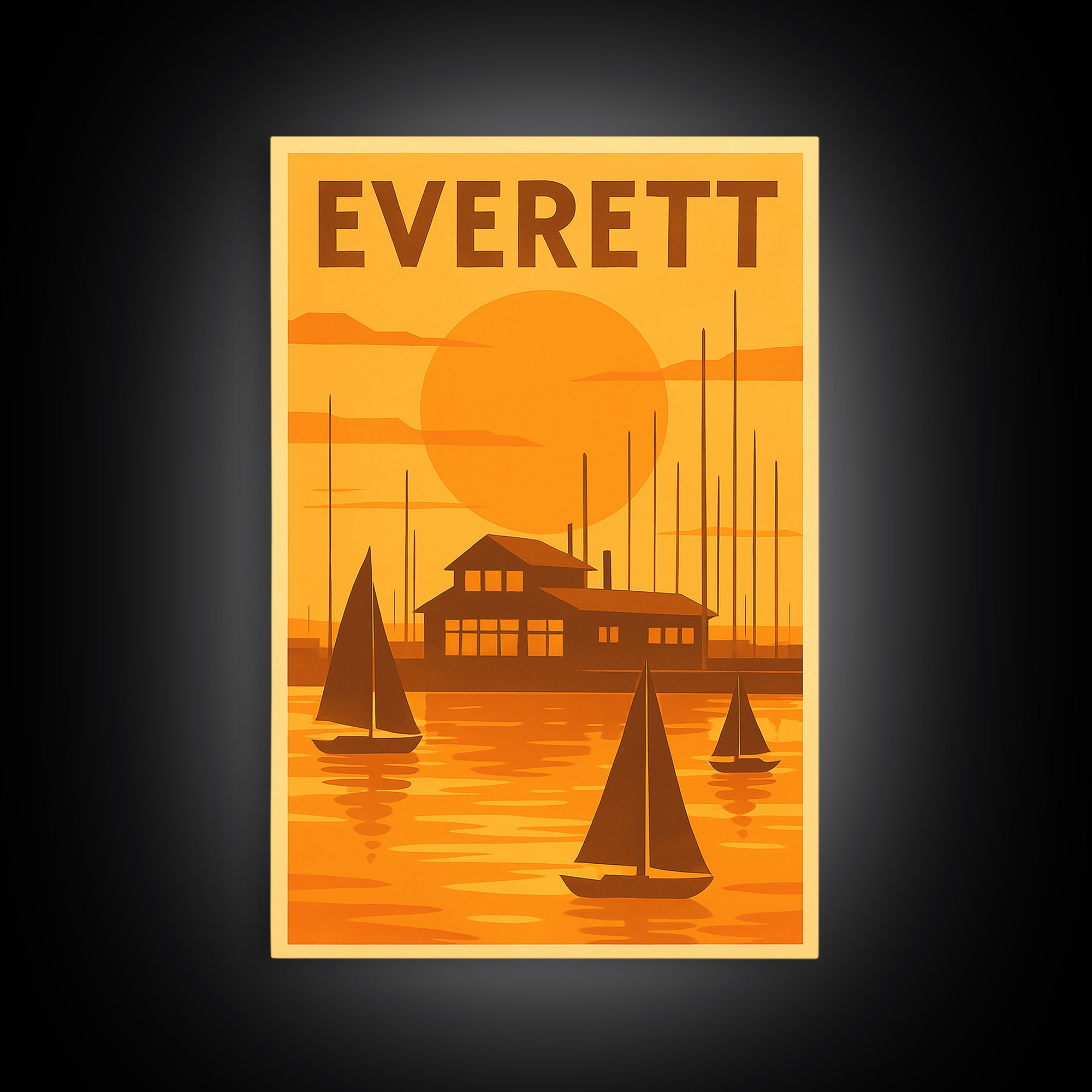 Everett Washington Travel Poster, Canvas Print, Warm Sunset Silhouette Art, Everett Poster Print, Travel Art Print, Vintage City Poster