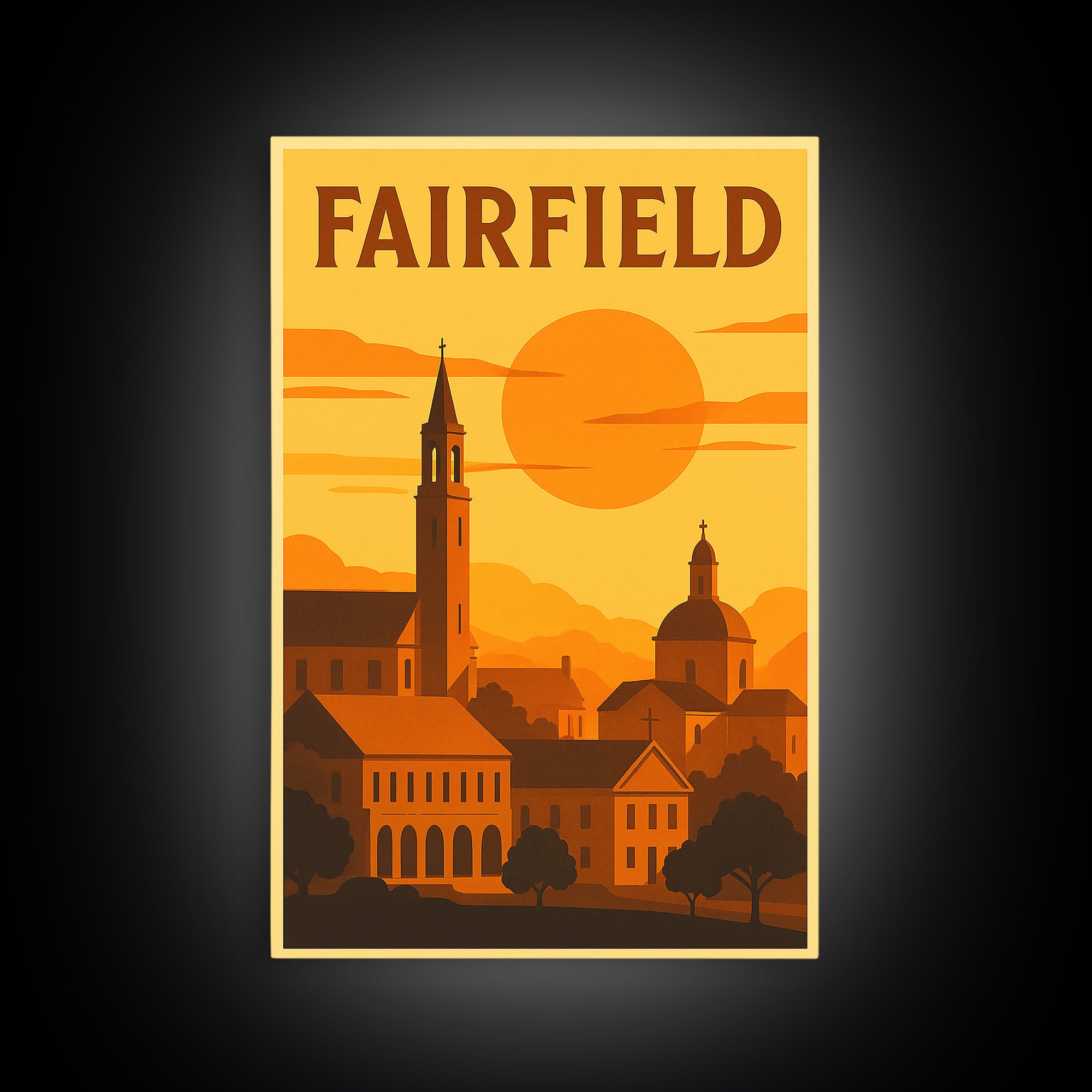 Fairfield California Travel Poster, Canvas Print, Warm Sunset Silhouette Art, Fairfield Wall Art, Vintage Travel Print, Retro Travel Print