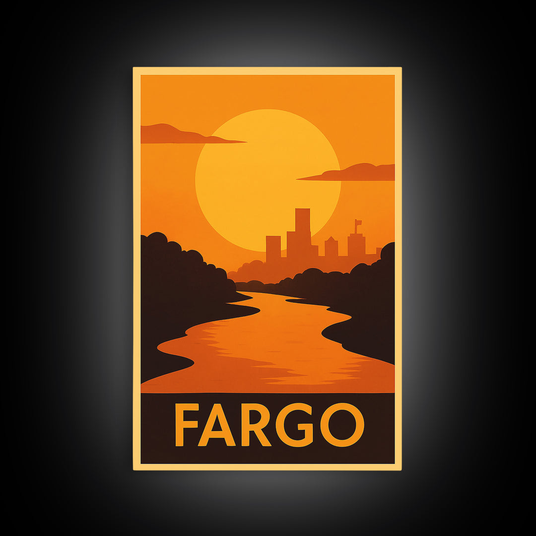 Fargo Travel Poster, Framed Canvas Print, Golden Travel Poster Art, Fargo Travel Art, Mid Century Wall Art, Travel Poster Art, Design 2