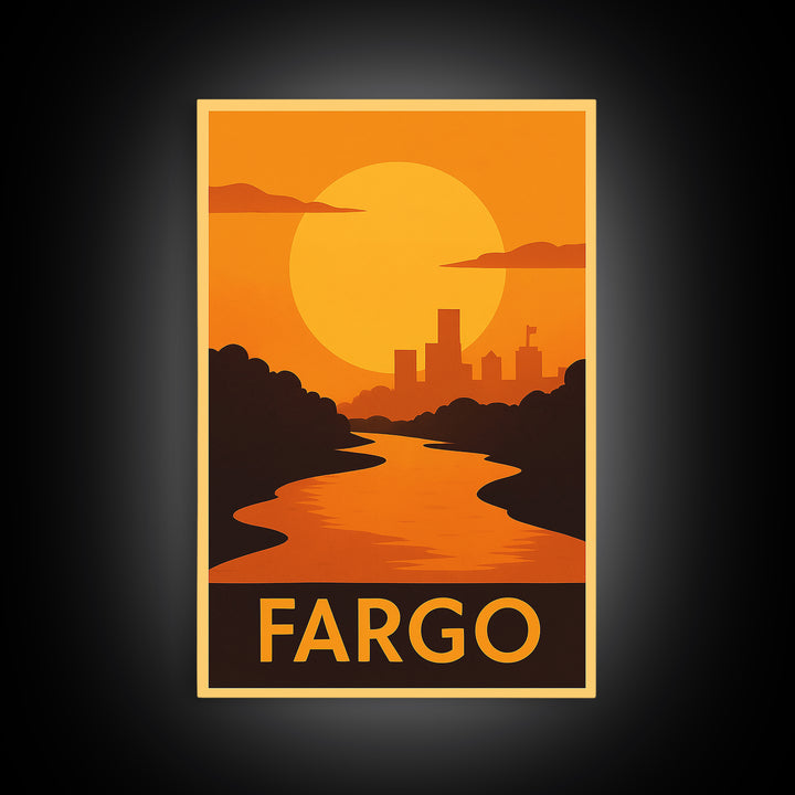 Fargo Travel Poster, Framed Canvas Print, Golden Travel Poster Art, Fargo Travel Art, Mid Century Wall Art, Travel Poster Art, Design 2