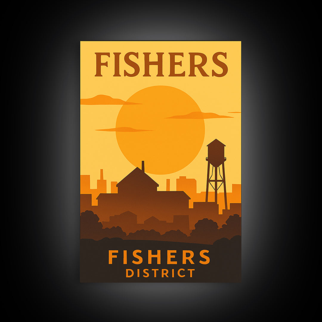 Fishers Indiana Travel Poster, Canvas Print, Gold Art Deco Poster Art, Fishers Wall Art, Travel Poster Set, Watercolor Downtown Skyline