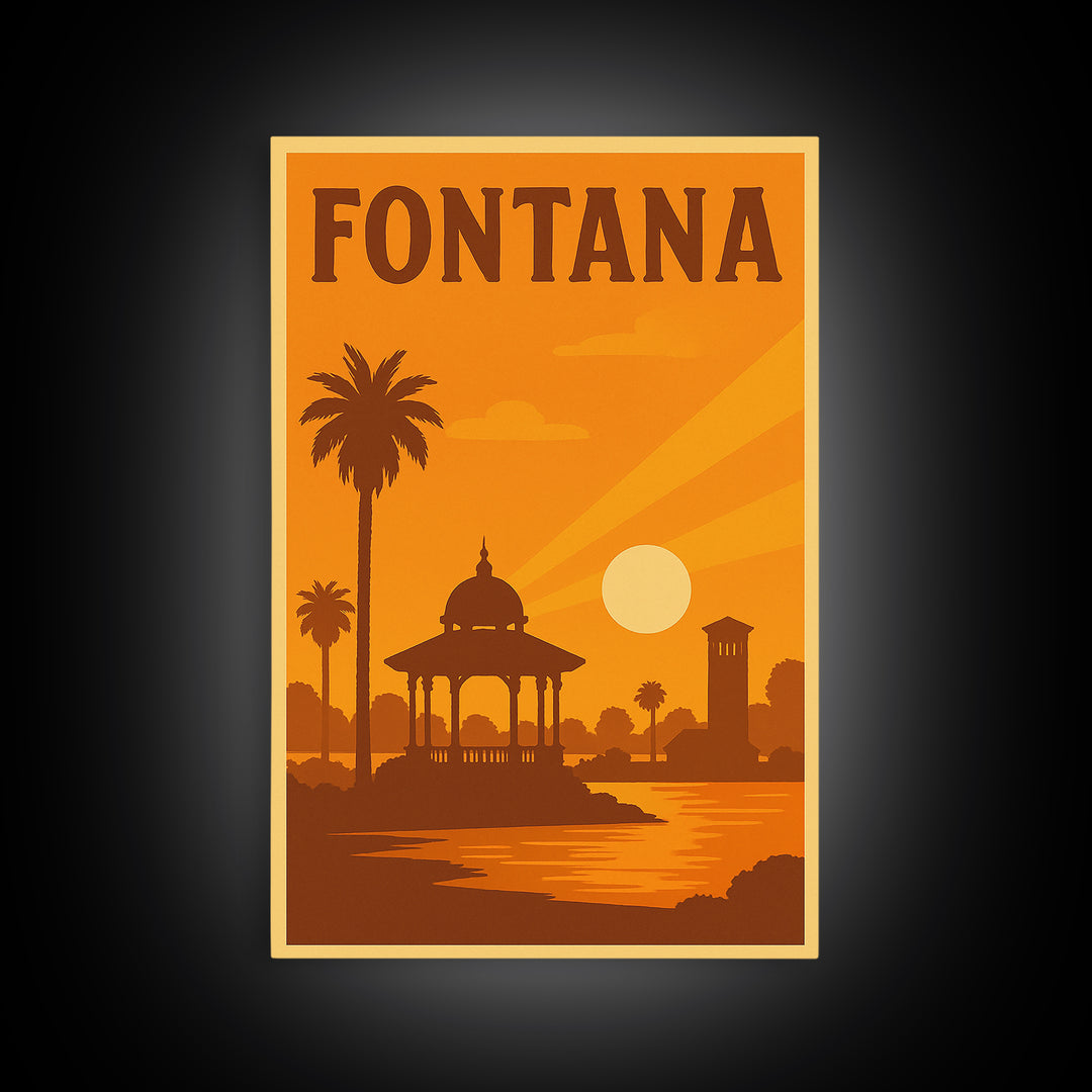 Fontana California Travel Poster, Canvas Print, Warm Sunset Silhouette Art, Fontana Travel Art, City Travel Prints, Travel Art, Home Decor