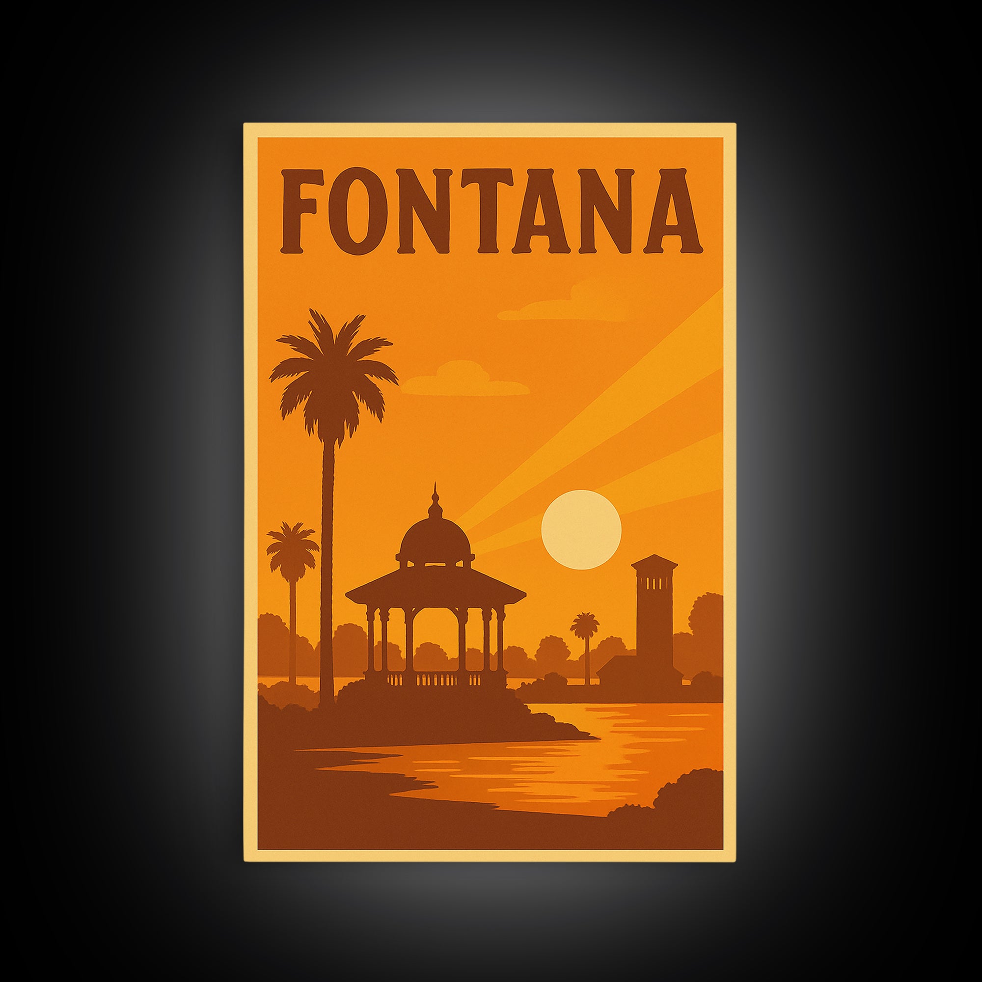 Fontana California Travel Poster, Canvas Print, Warm Sunset Silhouette Art, Fontana Travel Art, City Travel Prints, Travel Art, Home Decor