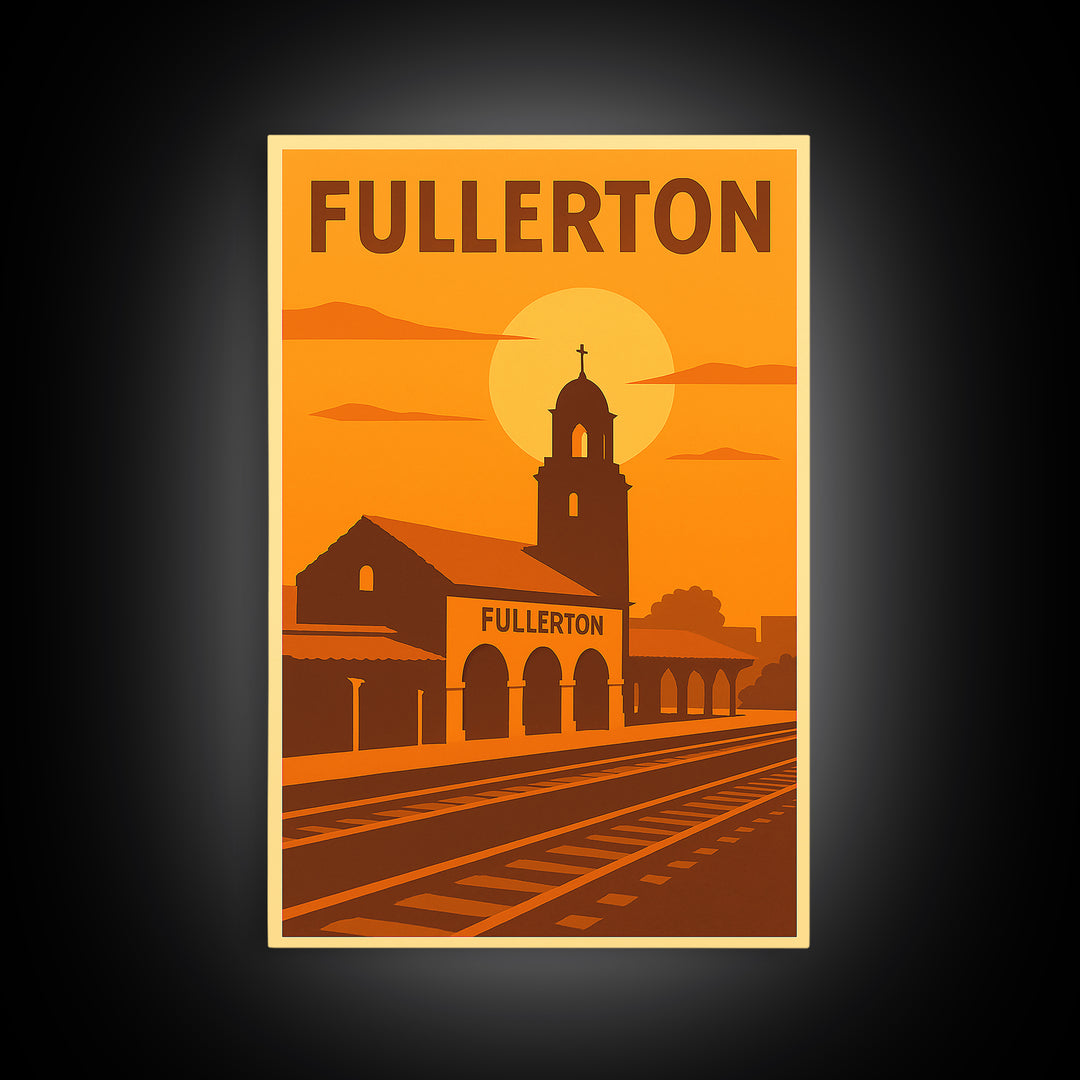 Fullerton California Travel Poster, Canvas Print, Warm Sunset Silhouette Art, Fullerton City Art, Retro Travel Print, Wall Decor, Poster Art