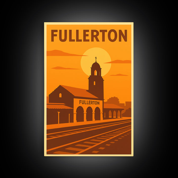 Fullerton California Travel Poster, Canvas Print, Warm Sunset Silhouette Art, Fullerton City Art, Retro Travel Print, Wall Decor, Poster Art
