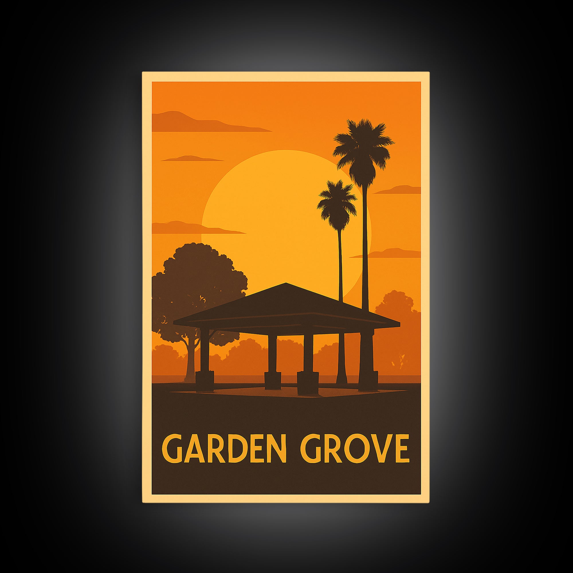 Garden Grove Travel Poster, Framed Canvas Print, Golden Travel Poster Art, Garden Grove Poster Print, Vintage Travel Art, Travel Wall Art