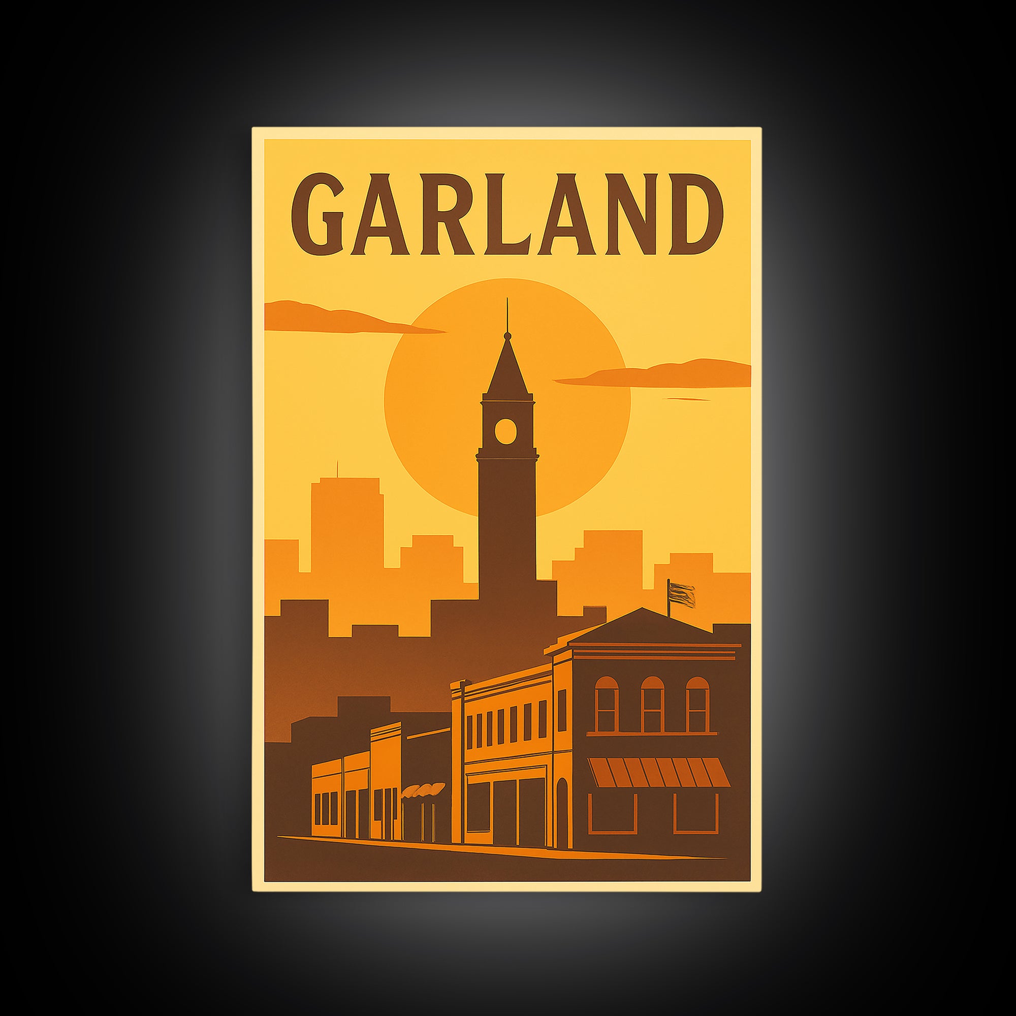 Garland Texas Travel Poster, Framed Canvas Print, Golden Travel Poster Art, Garland Art Print, Eclectic Wall Decor, Gift For Travelers