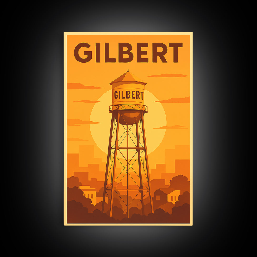 Gilbert Arizona Travel Poster, Canvas Print, Gold Art Deco Poster Art, Gilbert Art Print, Watercolor Skyline, Travel Wall Art, Art Print