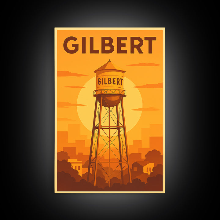 Gilbert Arizona Travel Poster, Canvas Print, Gold Art Deco Poster Art, Gilbert Art Print, Watercolor Skyline, Travel Wall Art, Art Print