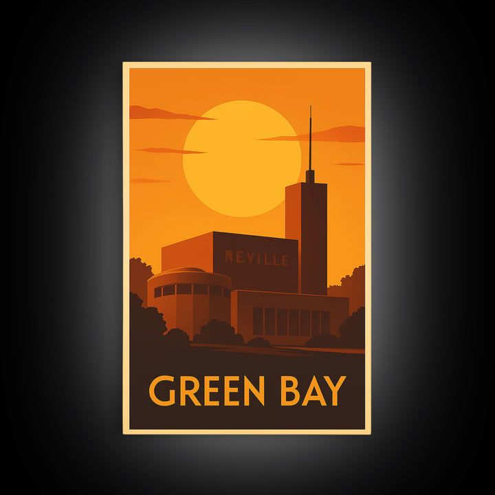 Green Bay Travel Poster, Canvas Print, Warm Sunset Silhouette Art, Green Bay Travel Art, Retro Travel Print, City Illustration