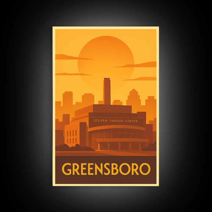 Greensboro Travel Poster, Framed Canvas Print, Gold Art Deco Poster Art, Greensboro Wall Art, City Art Print, Wanderlust Decor