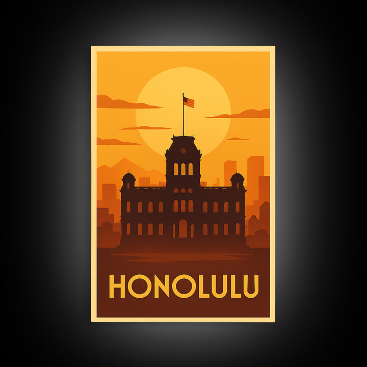Honolulu Travel Poster, Canvas Print, Golden Travel Poster Art, Honolulu Wall Art, Modern Wall Decor, Travel Wall Art, Gift For Travelers