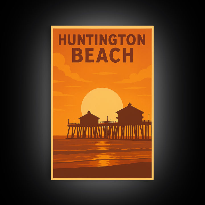 Huntington Beach California Travel Poster, Framed Canvas Print, Warm Sunset Silhouette Art, Huntington Beach Poster Print, City Illustration