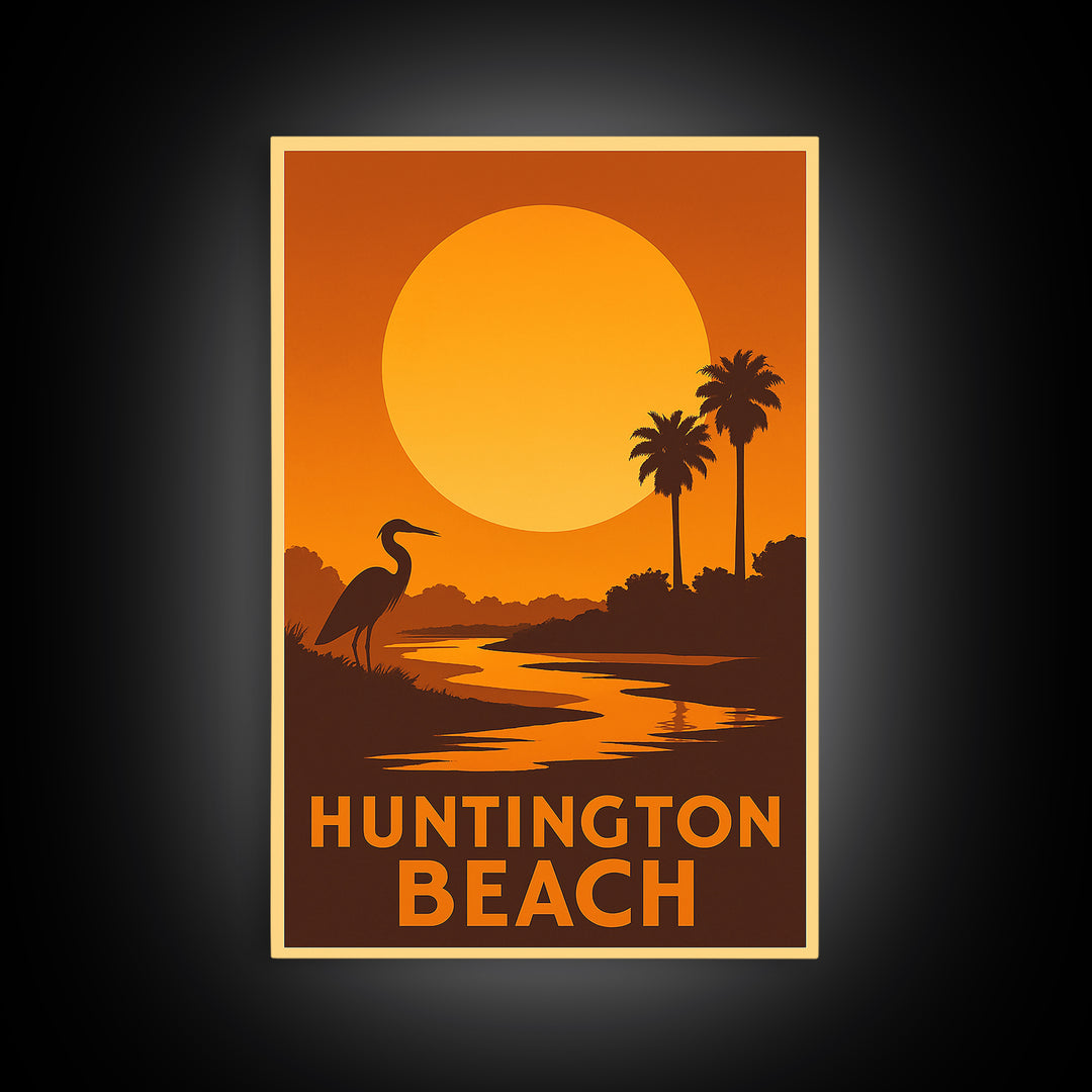Huntington Beach Travel Poster, Framed Canvas Print, Golden Travel Poster Art, Huntington Beach Travel Art, Travel Poster Art, Design 2