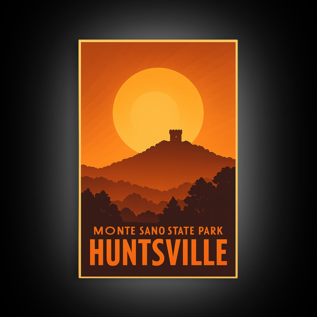 Huntsville Travel Poster, Framed Canvas Print, Warm Sunset Silhouette Art, Huntsville City Art, Vintage City Poster, Vintage City Art