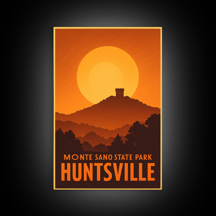 Huntsville Travel Poster, Framed Canvas Print, Warm Sunset Silhouette Art, Huntsville City Art, Vintage City Poster, Vintage City Art