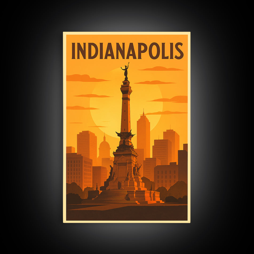 Indianapolis Indiana Travel Poster, Canvas Print, Warm Sunset Silhouette Art, Indianapolis Art Print, Retro Travel Print, Home Office Decor