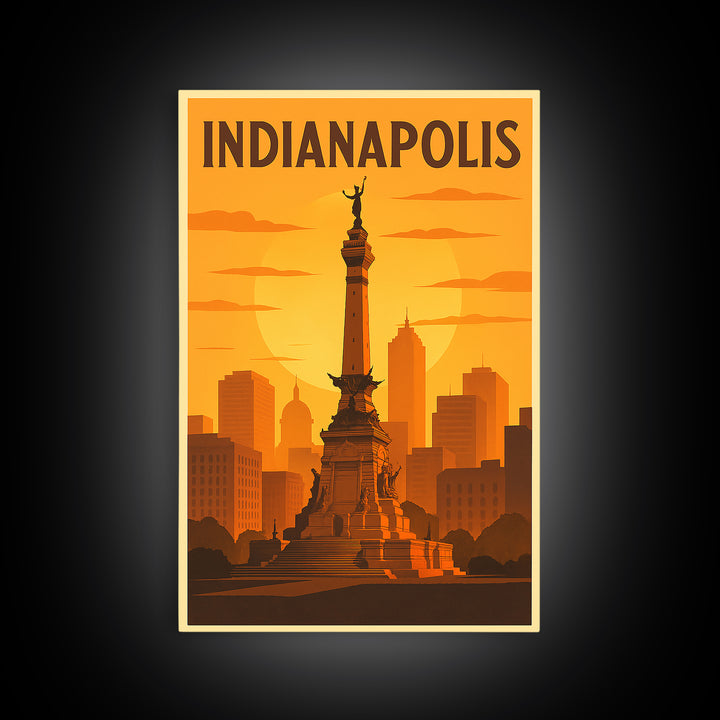 Indianapolis Indiana Travel Poster, Canvas Print, Warm Sunset Silhouette Art, Indianapolis Art Print, Retro Travel Print, Home Office Decor