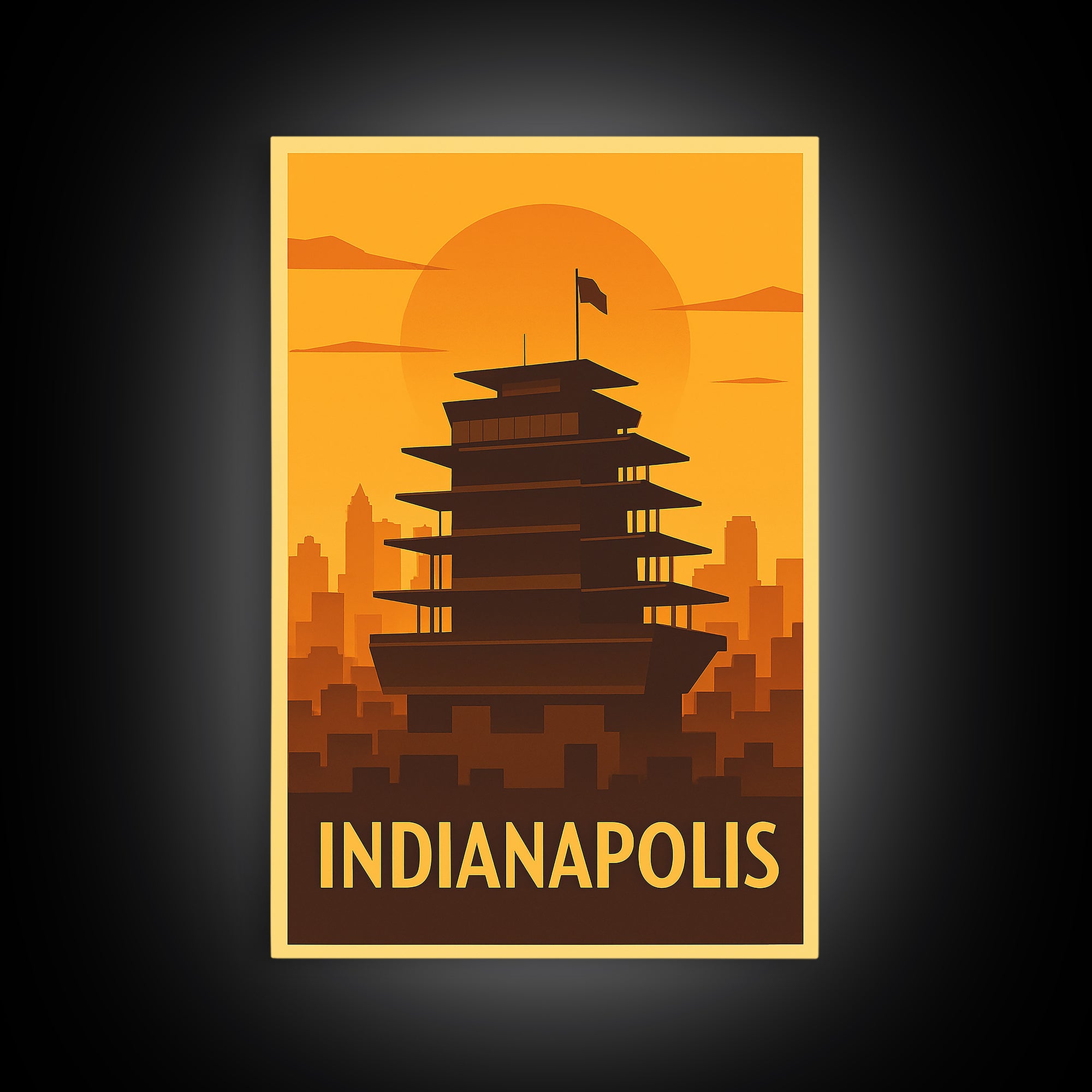 Indianapolis Travel Poster, Canvas Print, Warm Sunset Silhouette Art, Indianapolis City Art, Eclectic Wall Decor, Travel Poster Art