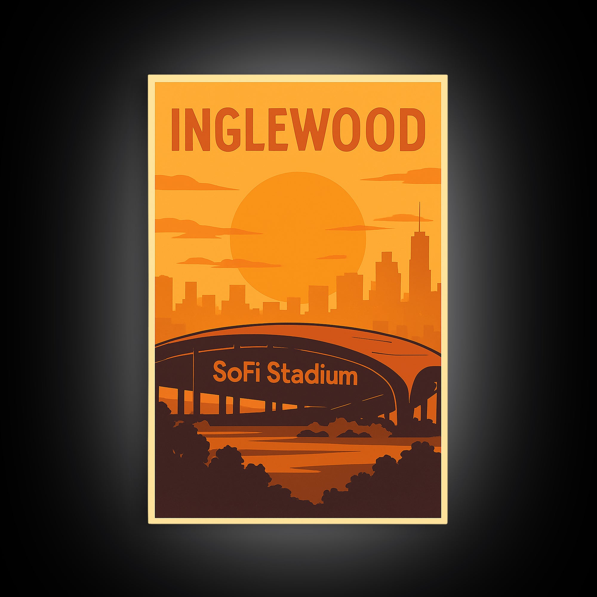 Inglewood California Travel Poster, Canvas Print, Gold Art Deco Poster Art, Inglewood City Art, Watercolor City Skyline, Travel Art Print