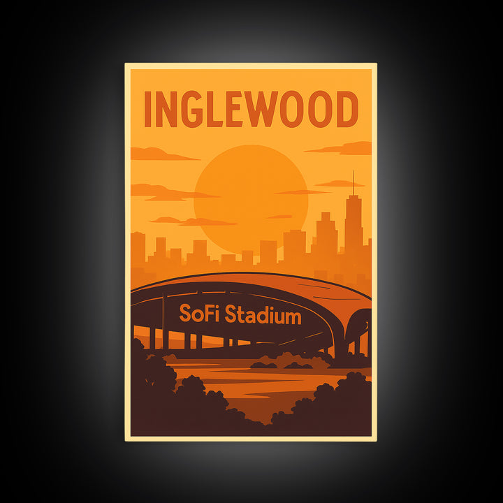 Inglewood California Travel Poster, Canvas Print, Gold Art Deco Poster Art, Inglewood City Art, Watercolor City Skyline, Travel Art Print