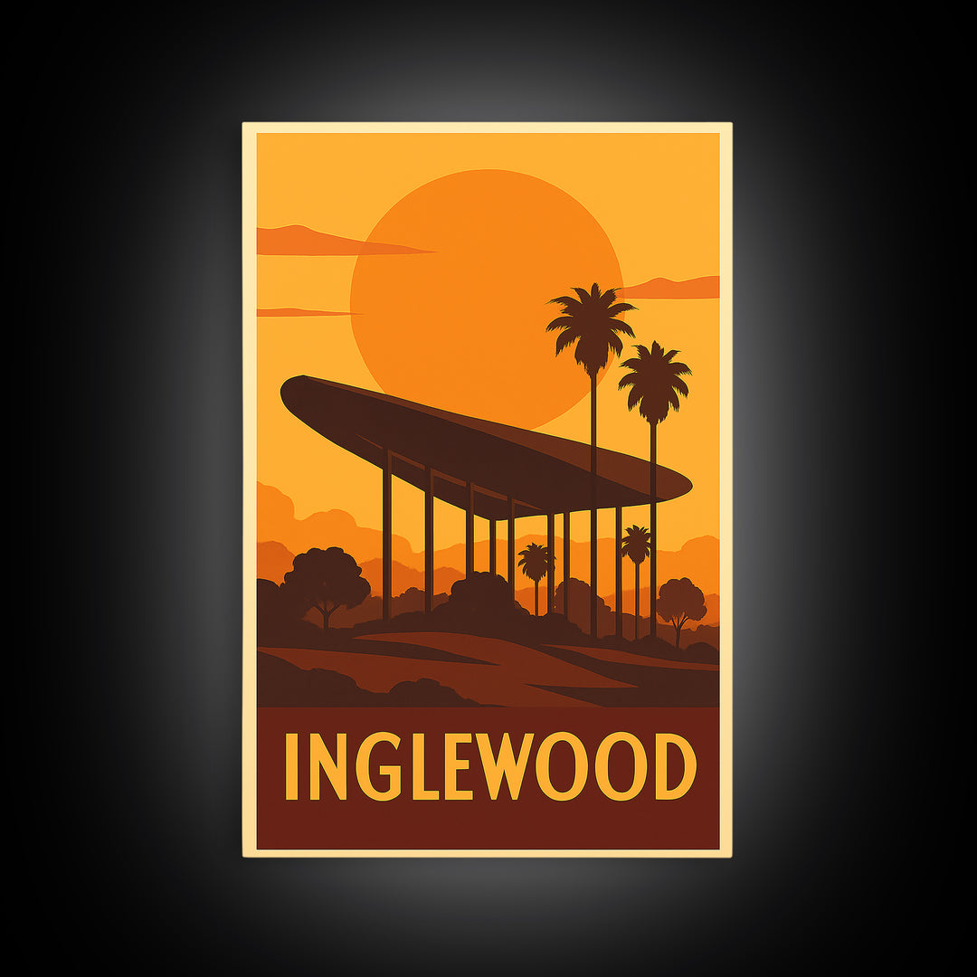 Inglewood Travel Poster, Canvas Print, Warm Sunset Silhouette Art, Inglewood Wall Art, Retro Travel Print, City Travel Prints, Wall Art