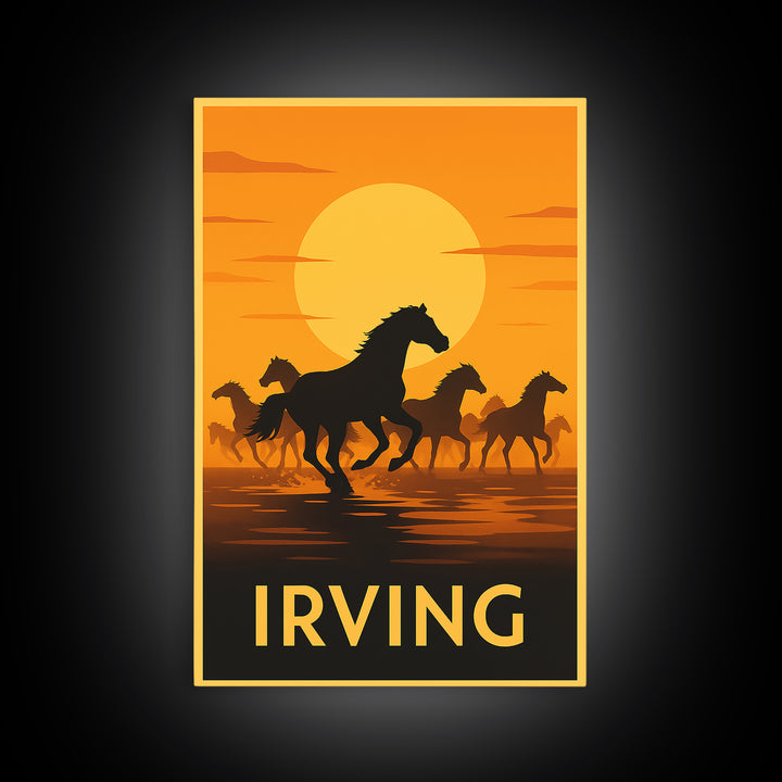 Irving Travel Poster, Framed Canvas Print, Warm Sunset Silhouette Art, Irving City Art, Living Room Wall Art, Wanderlust Decor