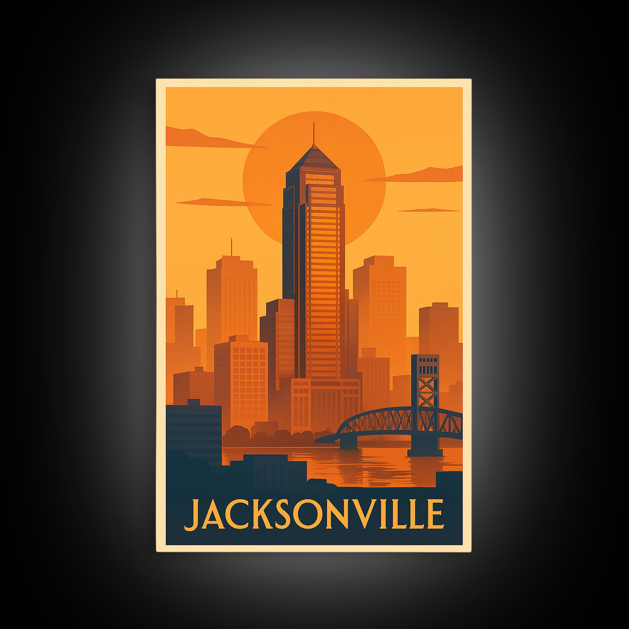 Jacksonville Travel Poster, Framed Canvas Print, Gold Art Deco Poster Art, Jacksonville City Art, City Art Print, Modern Wall Decor