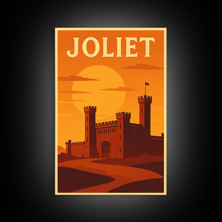 Joliet Illinois Travel Poster, Framed Canvas Print, Gold Art Deco Poster Art, Joliet Travel Art, Mid Century Wall Art, Retro Travel Print