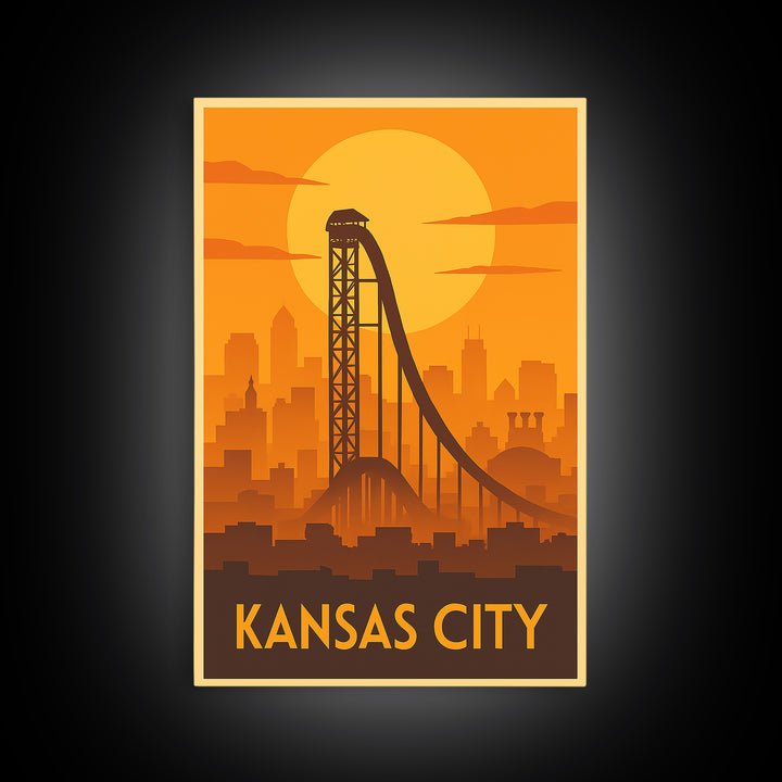 Kansas City Travel Poster, Framed Canvas Print, Gold Art Deco Poster Art, Kansas City Travel Art, Watercolor Urban Skyline, Travel Art Print