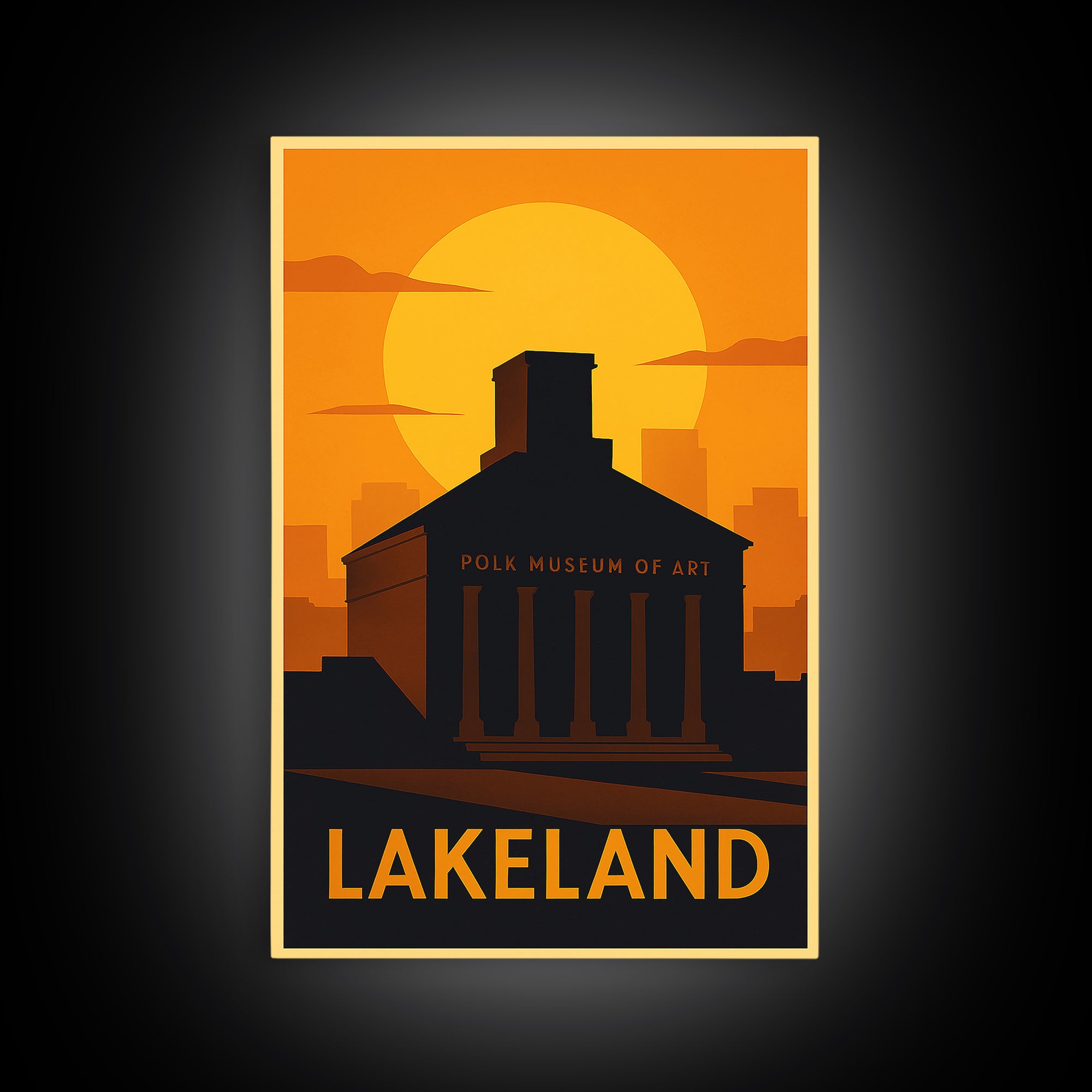 Lakeland Travel Poster, Canvas Print, Warm Sunset Silhouette Art, Lakeland Art Print, Living Room Wall Art, Mid Century Wall Art